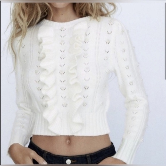 ZARA Wool Blend Pearl Ruffle Sweater size medium - Picture 2 of 12